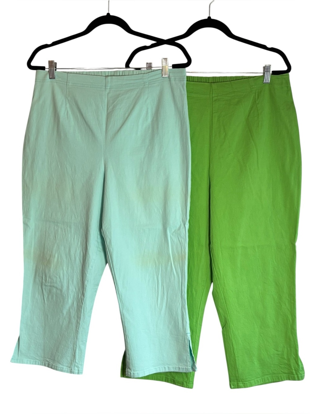 TWO! Faded Glory XL Knit Pull On Capri Pants Green Blue Cotton Stretch